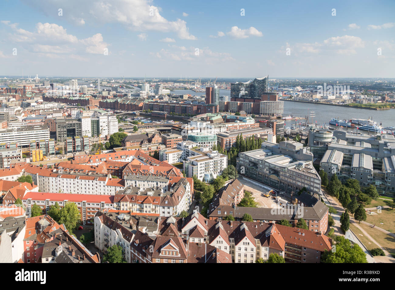 View over Hamburg with Elbe, Speicherstadt and Elbe Philharmonic Hall, Hamburg, Germany Stock Photo