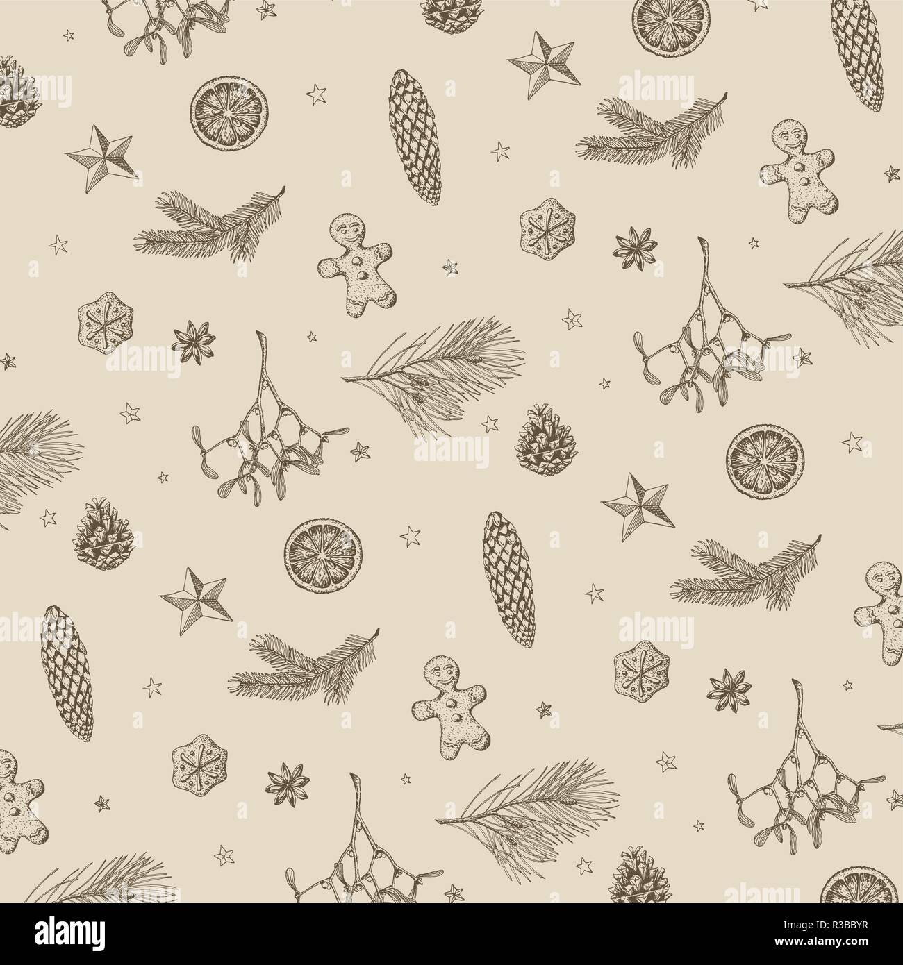 Vector vintage hand drawn Christmas seamless pattern with christmas ...