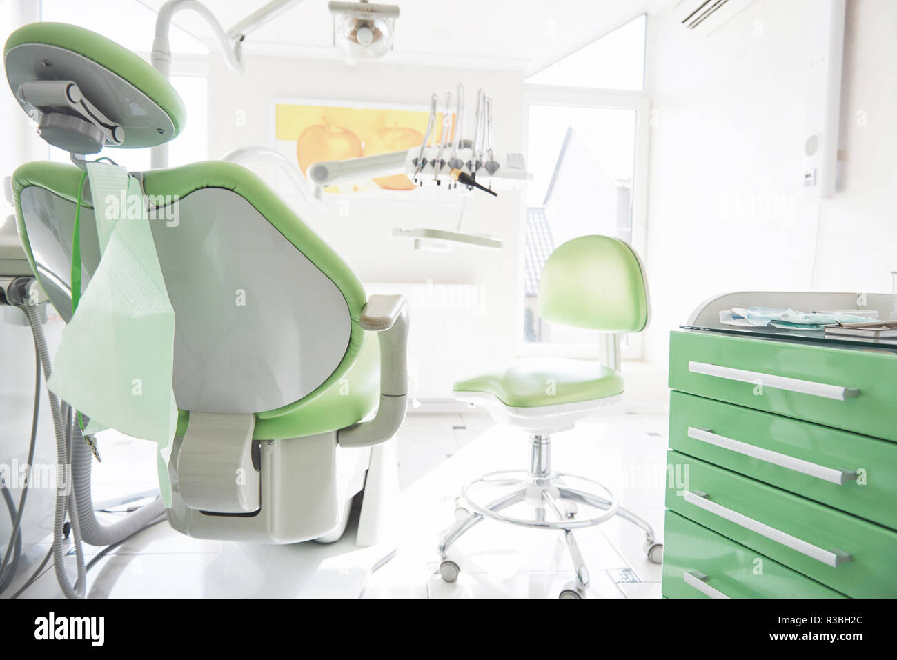 Dental clinic interior, design with chair and tools. All furniture in