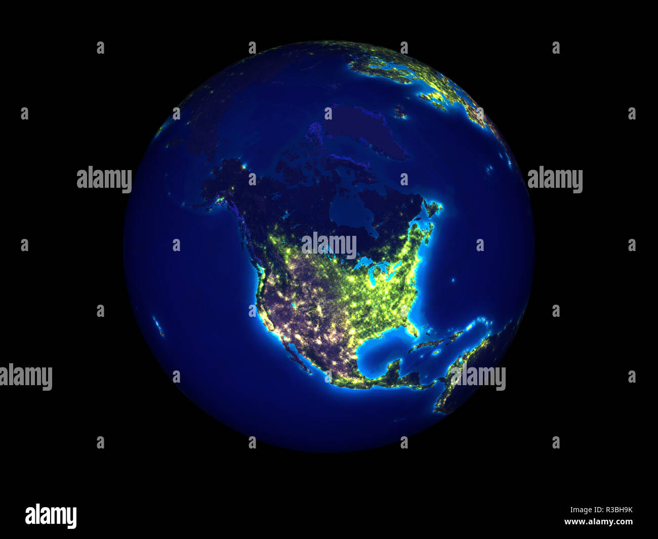 North America on planet Earth at night from space. 3D illustration ...