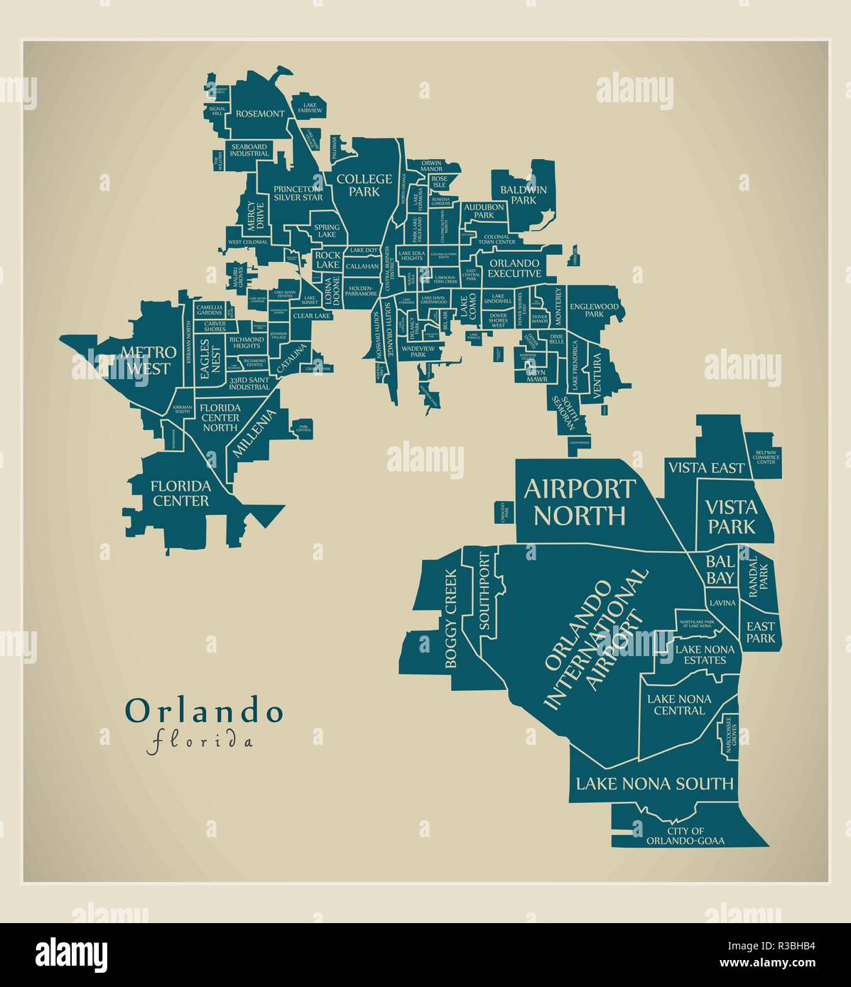 Modern City Map - Orlando Florida city of the USA with neighborhoods and titles Stock Vector