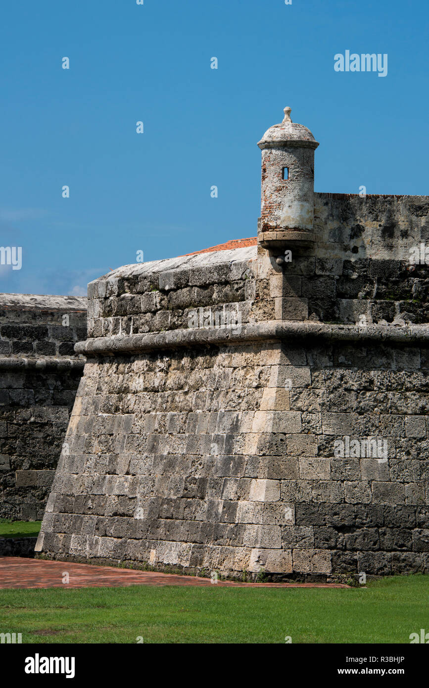 South America, Colombia, Cartagena. Historic walled city center, city walls that surround the old town. Wall detail. Stock Photo