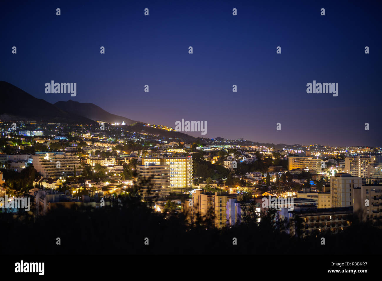 Beautiful Night View On Top Of Hill Overlooking The City Of Malaga Spain At Night Stock Photo Alamy