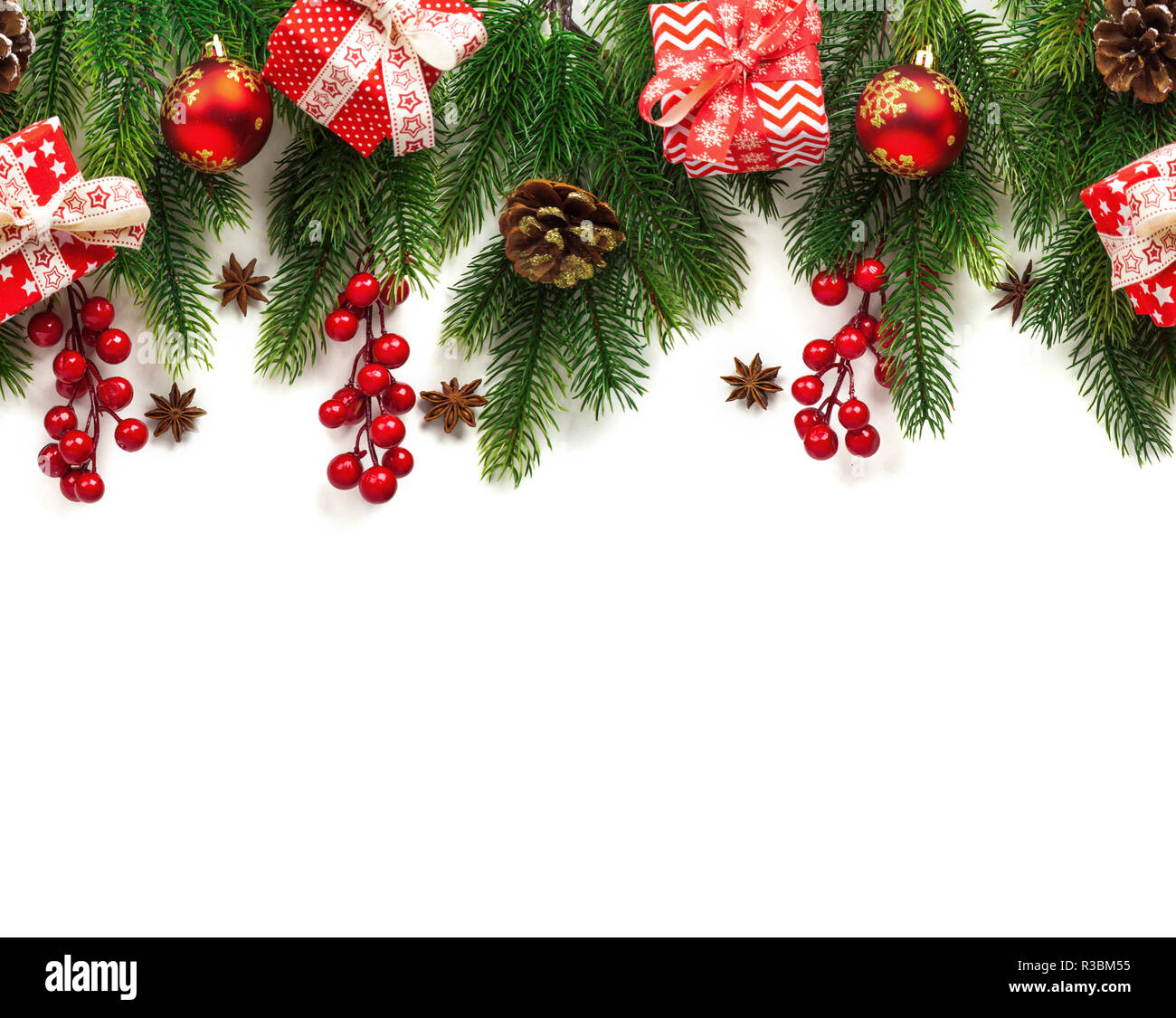 Christmas tree branches with decoration isolated on white background ...