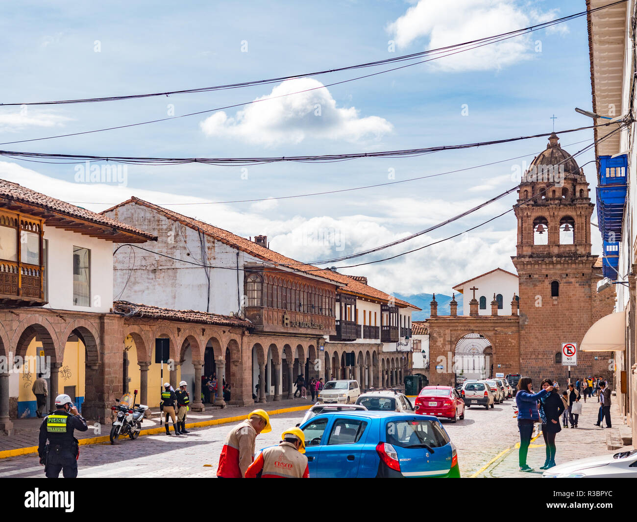 Cusco, Peru - January 6, 2017. View of the Portal Espinar door and the Basilica Menor de la merced church Stock Photo
