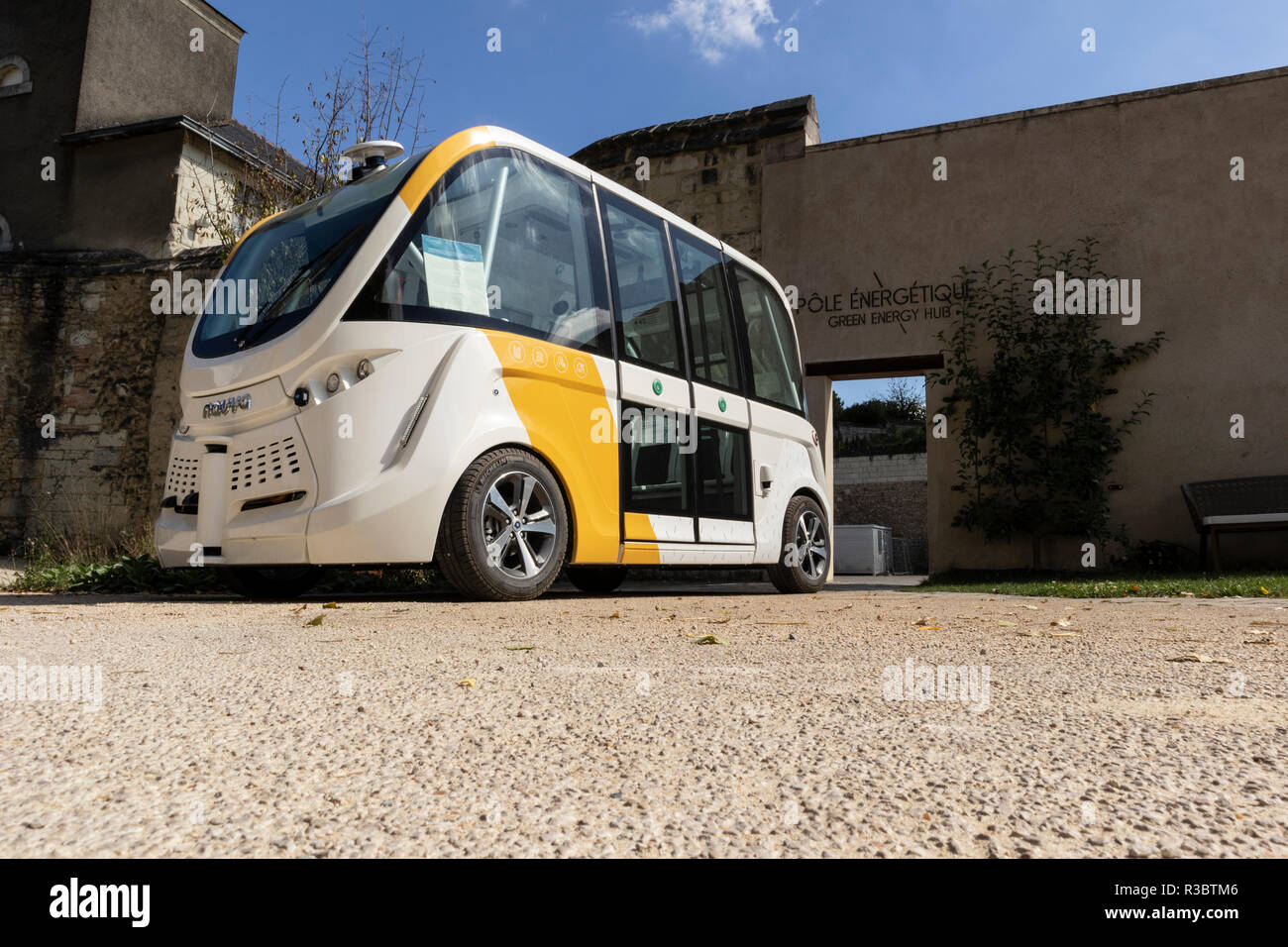 Self driving electric AV Autonomous vehicle at Abbaye de Fontevraud, Loire, France Stock Photo