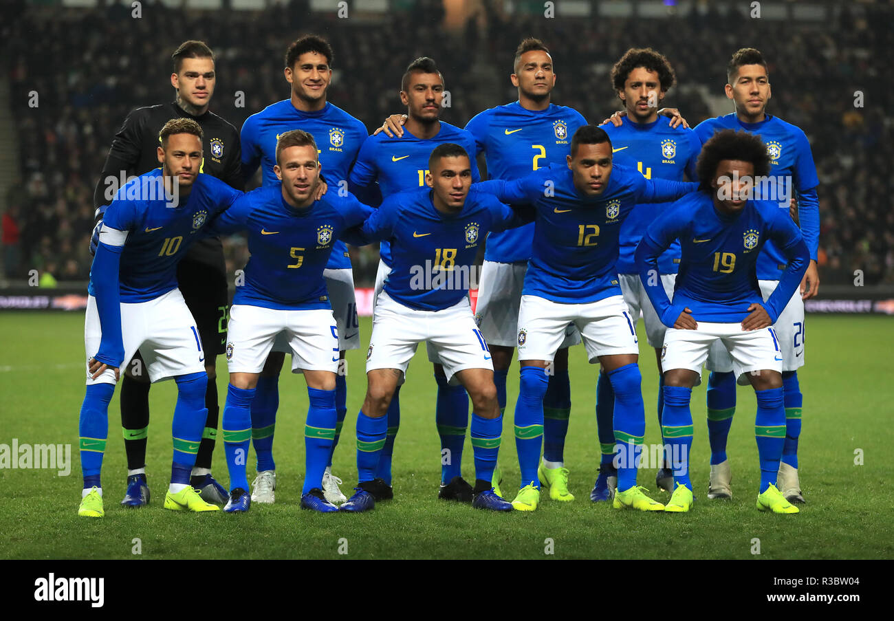 Brazil team group (left to right) Top row: Ederson, Pablo, Paulinho, Danilo, Marquinhos and Roberto Firmino. Bottom row: Neymar, Arthur, Allan, Alex Sandro and Willian Stock Photo