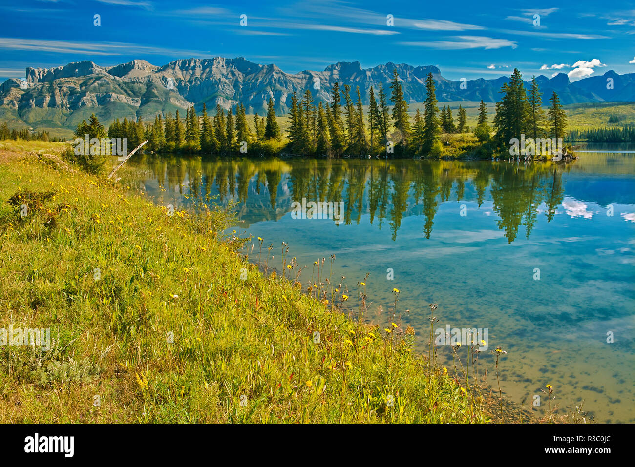 Canada, Alberta, Jasper National Park. Mountains and trees reflection in Talbot Lake. Stock Photo