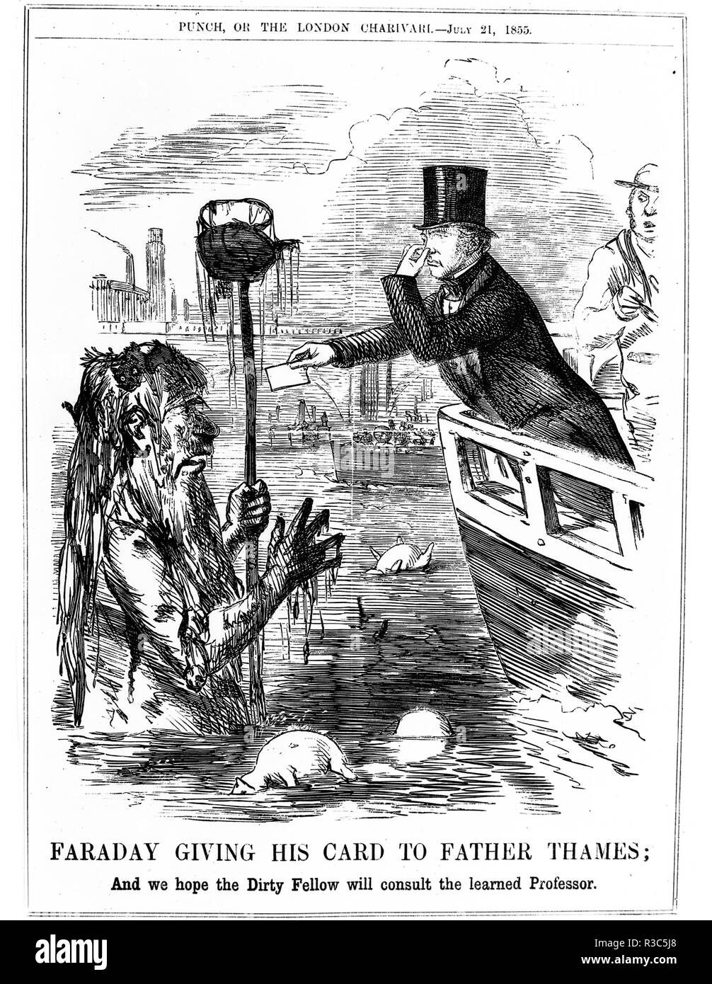 MICHAEL FARADY 1791-1867) English scientist  giving his card to Father Thames, Punch cartoon July 1855 following Faraday's letter on the state of the Thames in The Times in July 1855. Stock Photo
