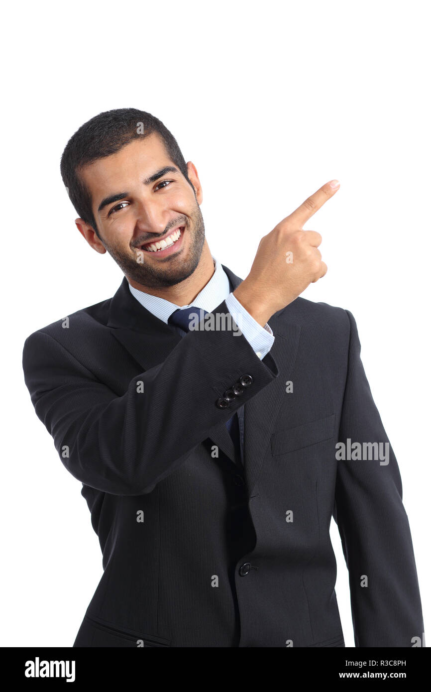 Arab business man presenter presenting and pointing at side Stock Photo