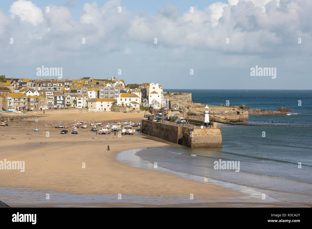 St Ives Harbour in Cornwall on a Low tide on a winter day. Stock Photo