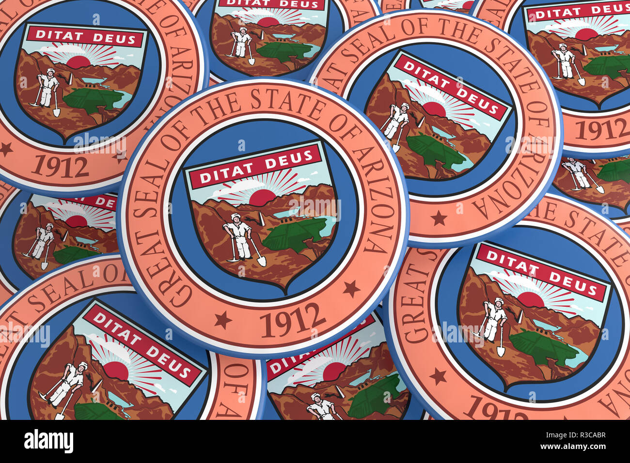 US State Buttons: Pile of Arizona Seal Badges, 3d illustration Stock ...