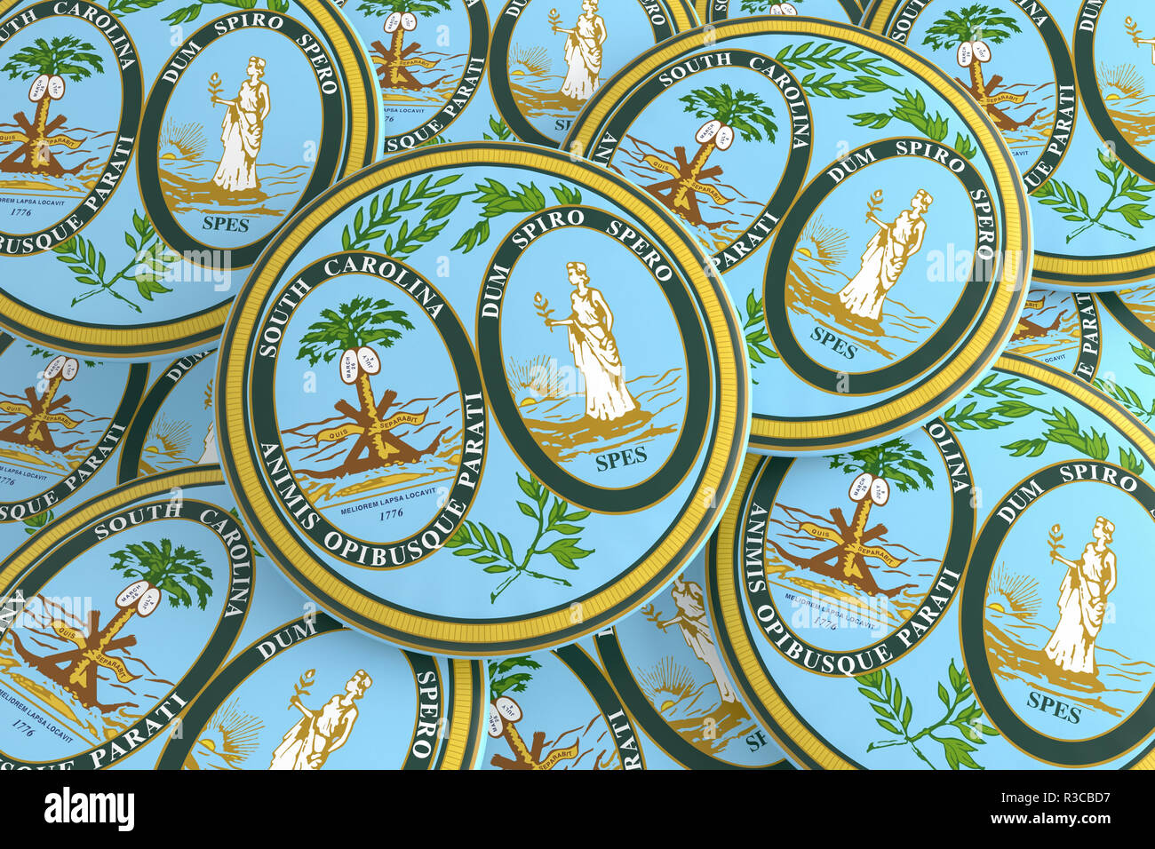 US State Buttons: Pile of South Carolina Seal Badges, 3d illustration ...