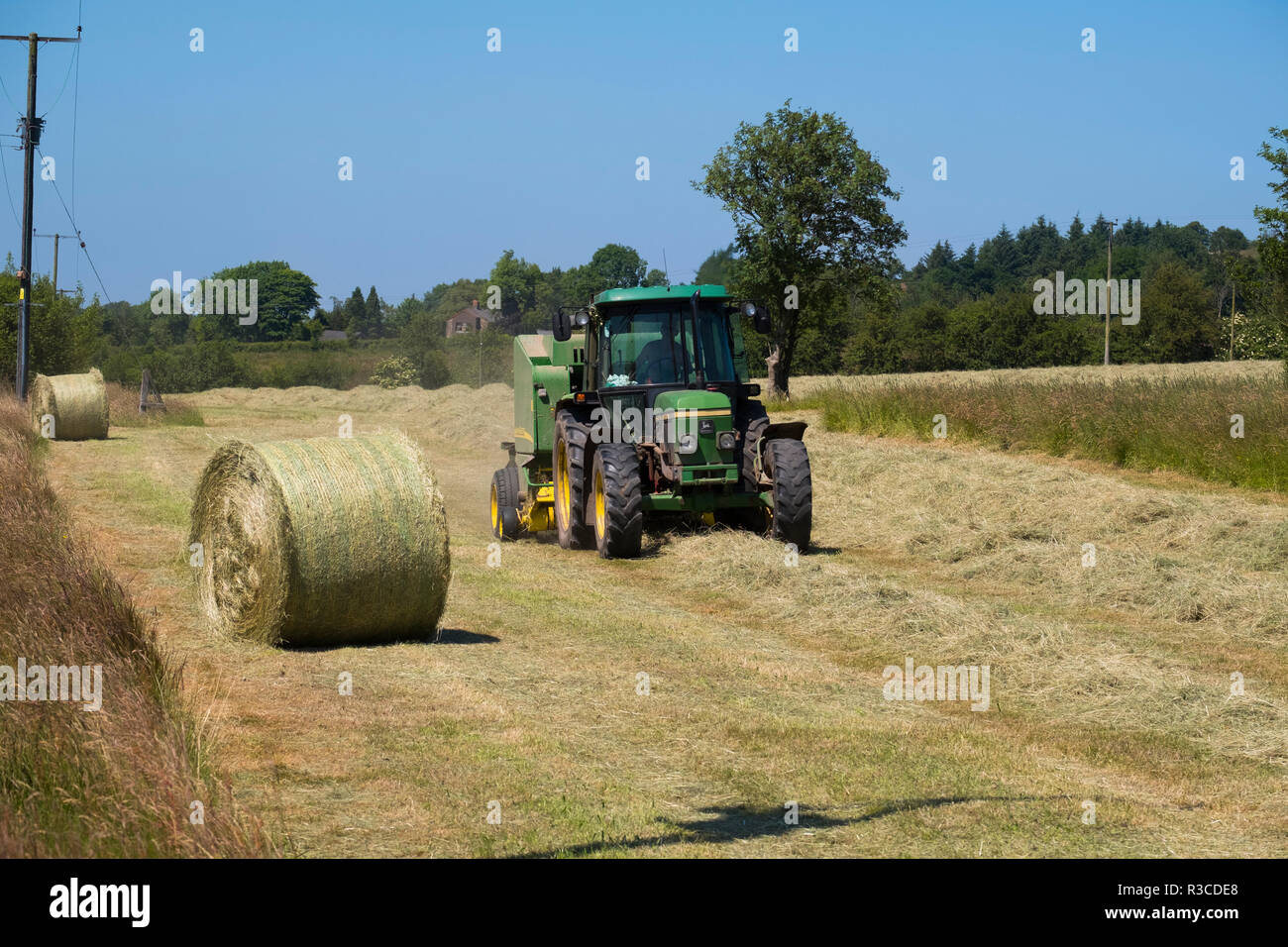 Tractor making hay bales at The Bog, Stiperstones, Shropshire, UK Stock Photo