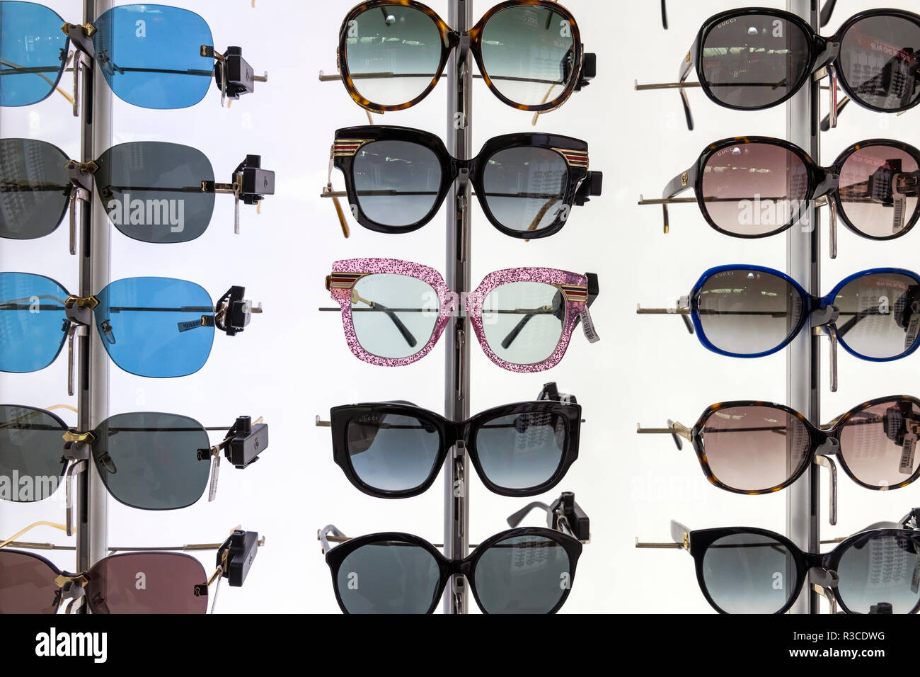 Larnaca, Cyprus - November 6. 2018. Sunglasses of famous brands in airport  duty free shop Stock Photo - Alamy