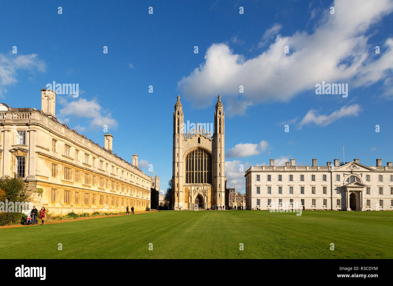 Kings College Chapel Cambridge with the Gibbs building to the right and Clare College to the left; Cambridge University colleges, Cambridge UK Stock Photo