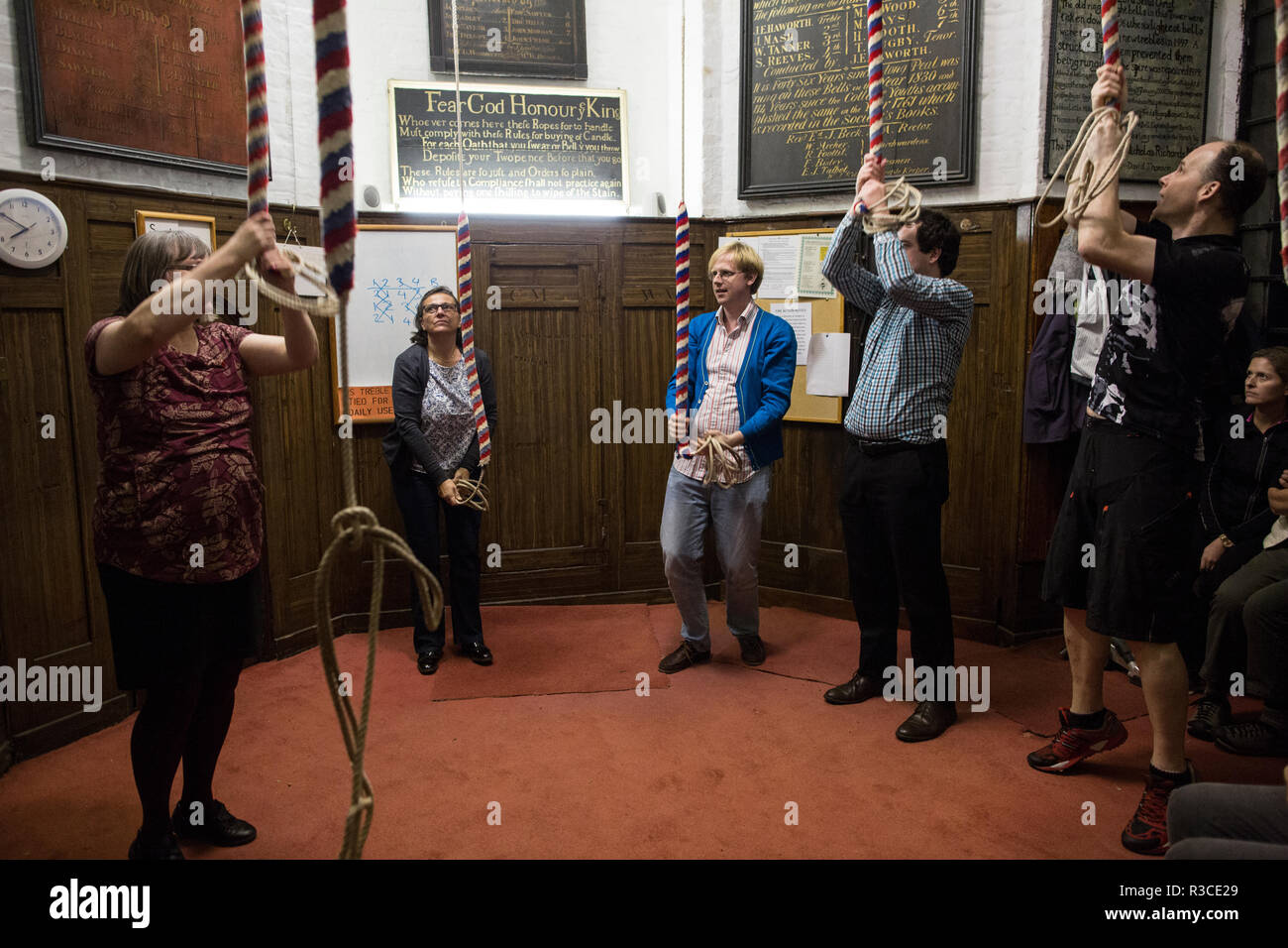 Church bellringers ahead of Remembrance Day practice their bellringing at St Mary's Church