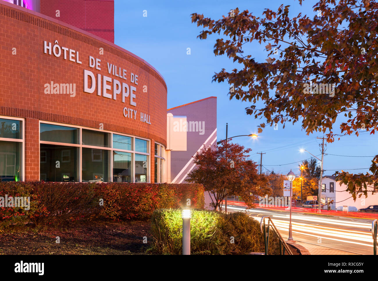 Dieppe City Hall (Hotel de Ville de Dieppe) at dus in downtown Dieppe, Westmorland County, New Brunswick, Canada. Stock Photo