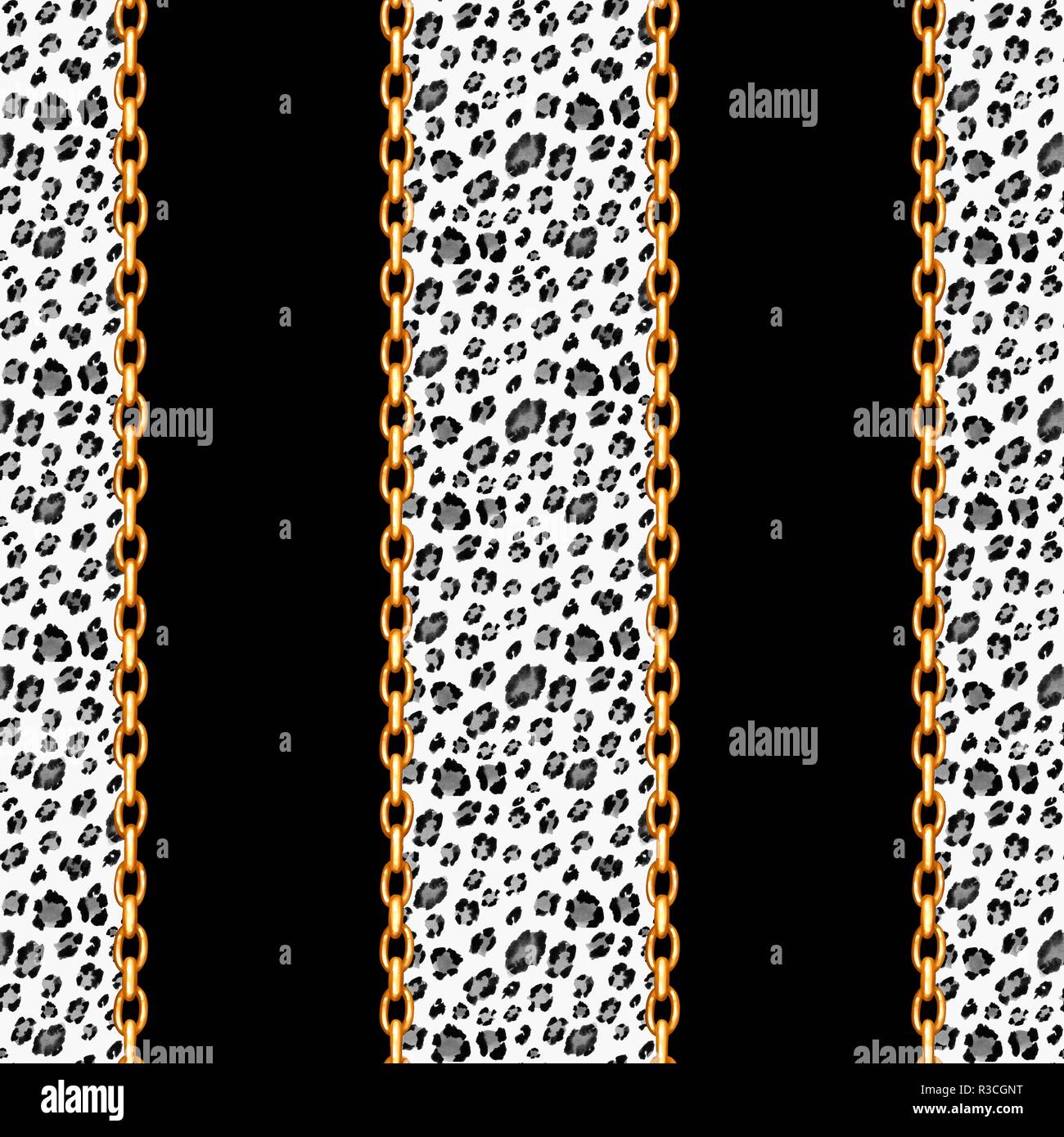 Seamless leopard pattern and golden chains Stock Photo