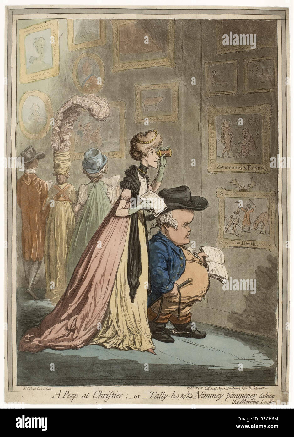 A Peep at Christies; or Tally-ho, & His Nimeney-Pimmeney Taking the Morning Lounge. Date/Period: 1796. Etching and aquatint, hand colored. Width: 25.2 cm. Height: 35.4 cm (sheet). Author: JAMES GILLRAY. GILLRAY, JAMES. Stock Photo