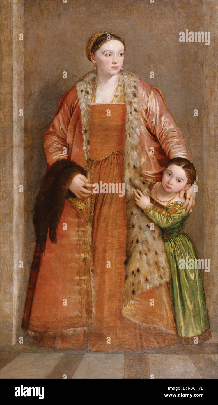 Portrait of Countess Livia da Porto Thiene and her Daughter Deidamia. Date/Period: 1552 (Renaissance). Portraits; paintings. Oil on canvas. Height: 208.40 mm (8.20 in); Width: 121 mm (4.76 in). Author: PAOLO VERONESE. Stock Photo