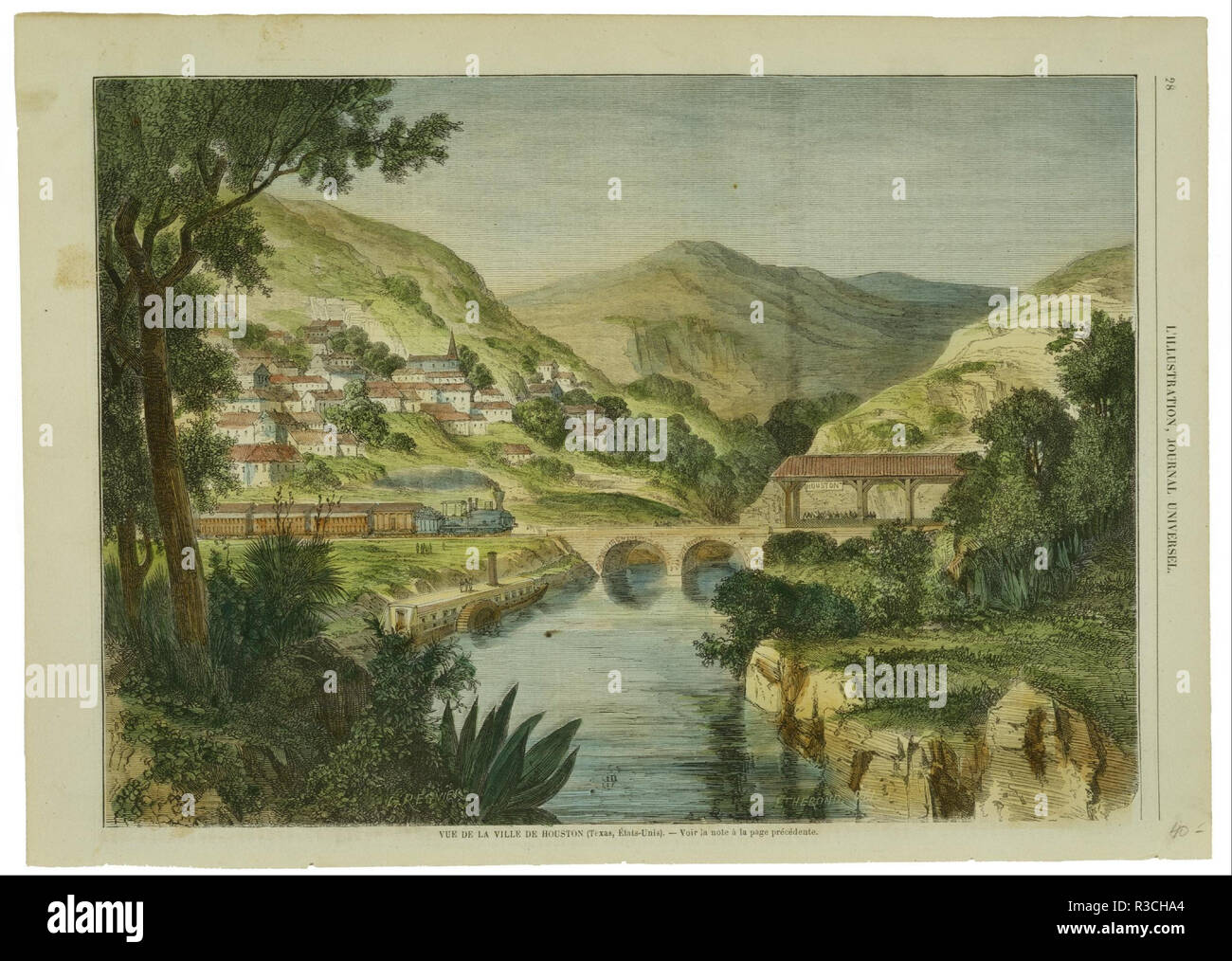 Vue de la Ville de Houston. Date/Period: 1853/1867. Hand-colored wood engraving on wove wood pulp paper. Width: 36.8 cm. Height: 26 cm (sheet). Author: Possibly by E. Therond. Stock Photo