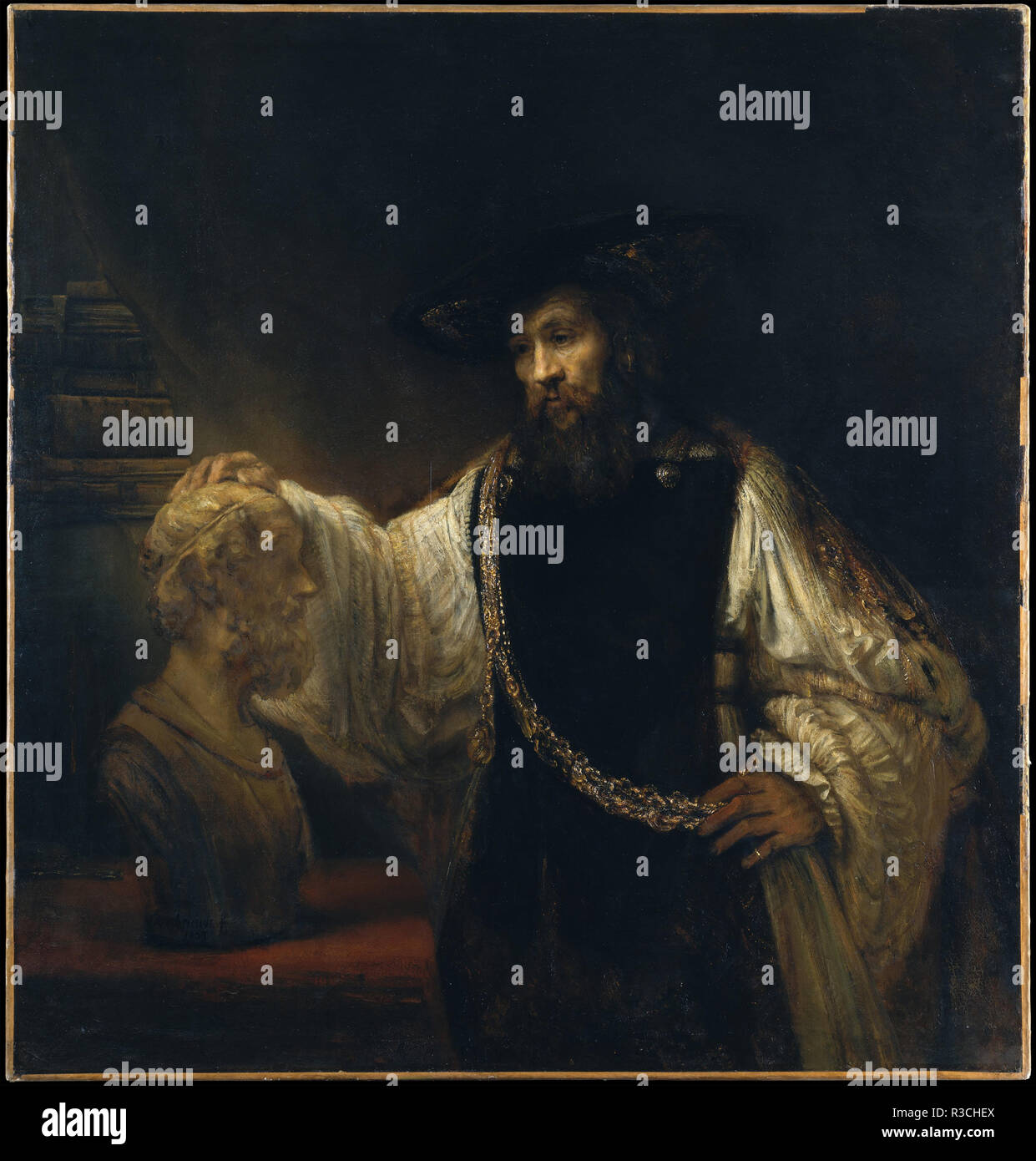 Aristotle with a Bust of Homer. Date/Period: 1653. Painting. Oil on canvas. Height: 143.5 cm (56.4 in); Width: 136.5 cm (53.7 in). Author: REMBRANDT, HARMENSZOON VAN RIJN. Rembrandt van Rhijn. Stock Photo