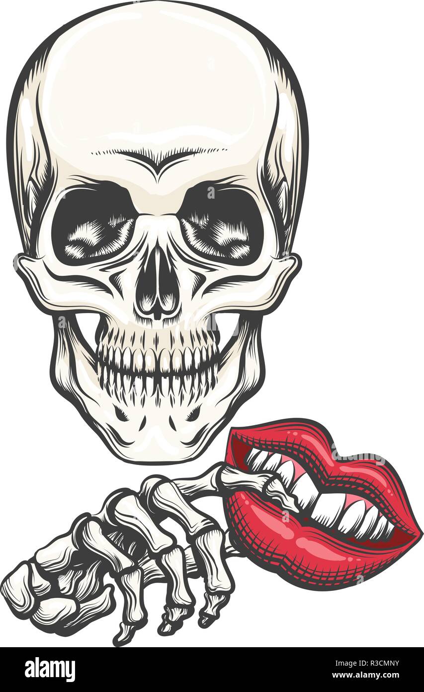 Human skull and Toy Lips in skeleton hand drawn in tattoo stytle. Vector illustration. Stock Vector