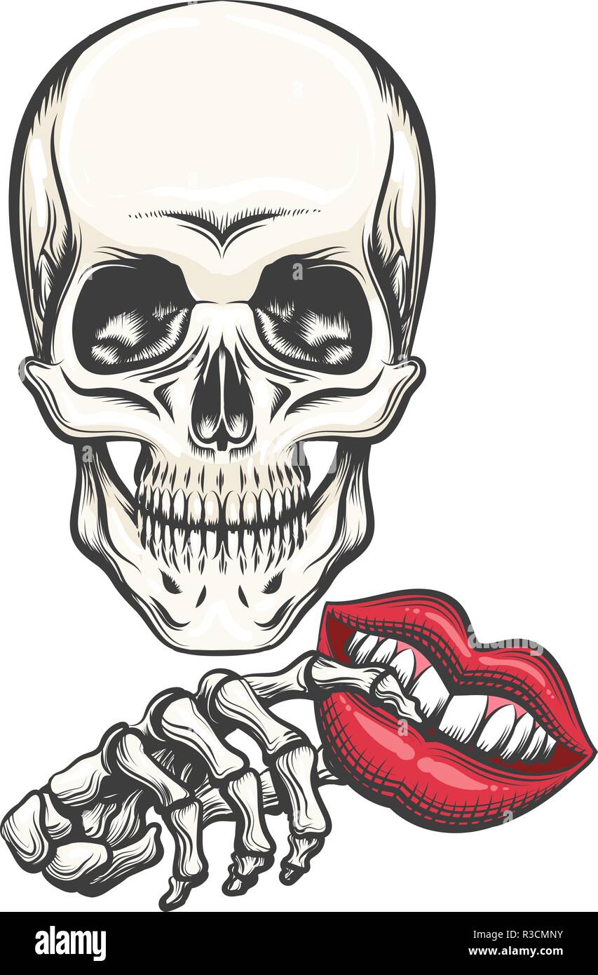 Human skull and Toy Lips in skeleton hand drawn in tattoo stytle
