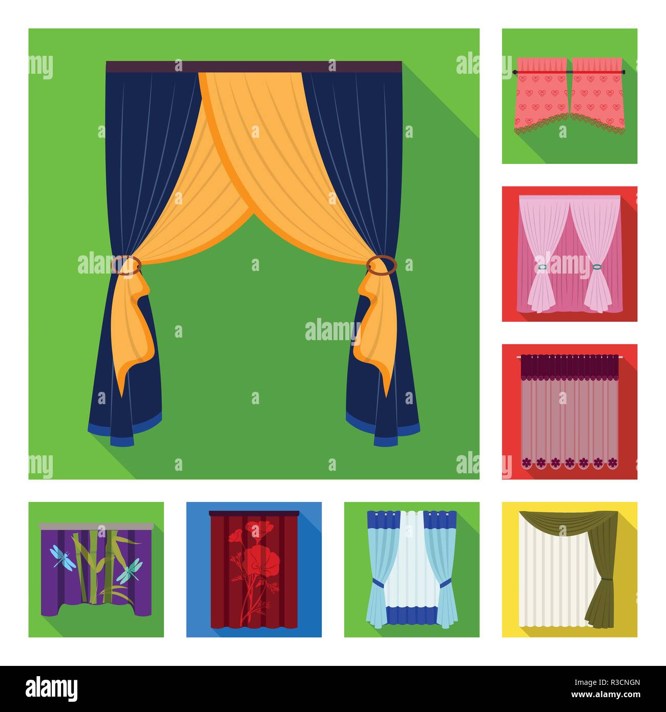 Different kinds of curtains flat icons in set collection for design. Curtains and lambrequins
