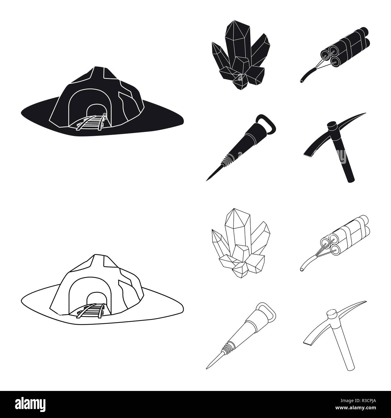 Minerals, explosives, jackhammer, pickaxe.Mining industry set collection icons in black,outline style vector symbol stock illustration . Stock Vector
