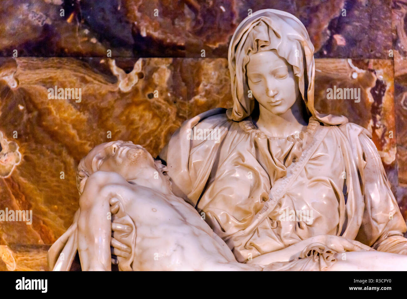 Michelangelo Pieta Mary and Jesus Sculpture close-up Vatican, Rome, Italy. Stock Photo