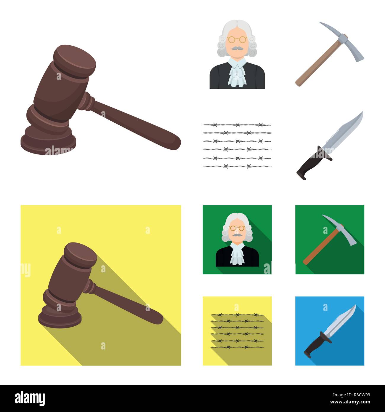 Judge, wooden hammer, barbed wire, pickaxe. Prison set collection icons in cartoon,flat style vector symbol stock illustration . Stock Vector