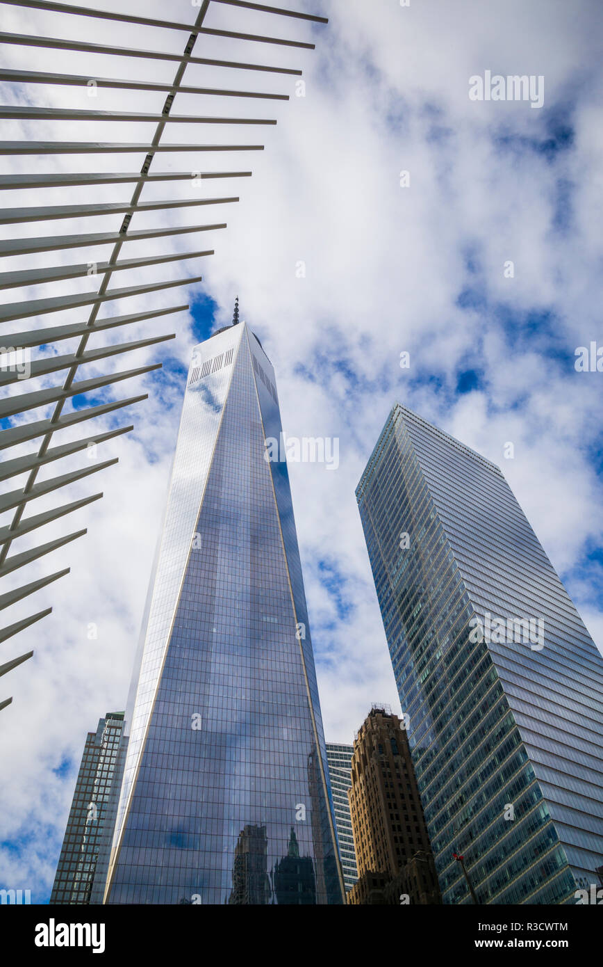 USA, New York City, Lower Manhattan, Oculus, World Trade Center PATH train station, designed by Santiago Calatrava, view towards The Freedom Tower Stock Photo