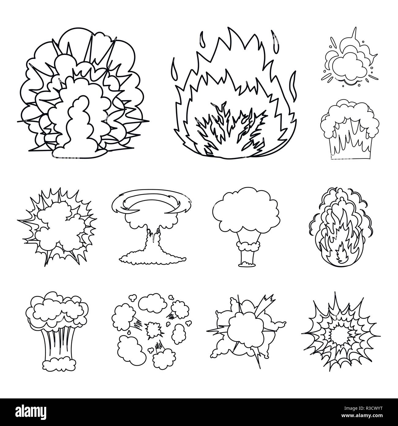 Different explosions outline icons in set collection for design.Flash and flame vector symbol stock  illustration. Stock Vector