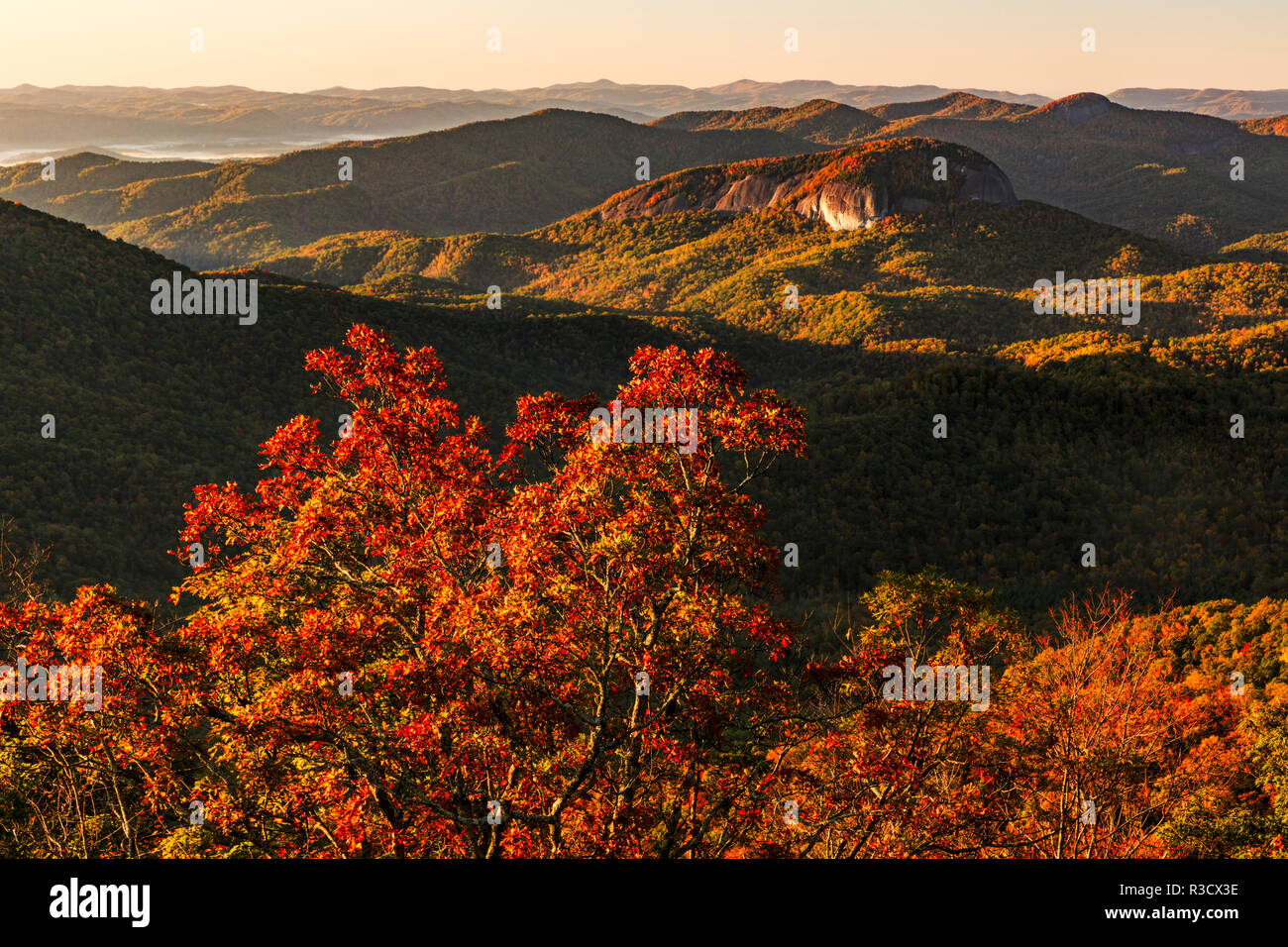 Autumn view of Looking Glass Rock from Blue Ridge Parkway, near Brevard, North Carolina Stock Photo