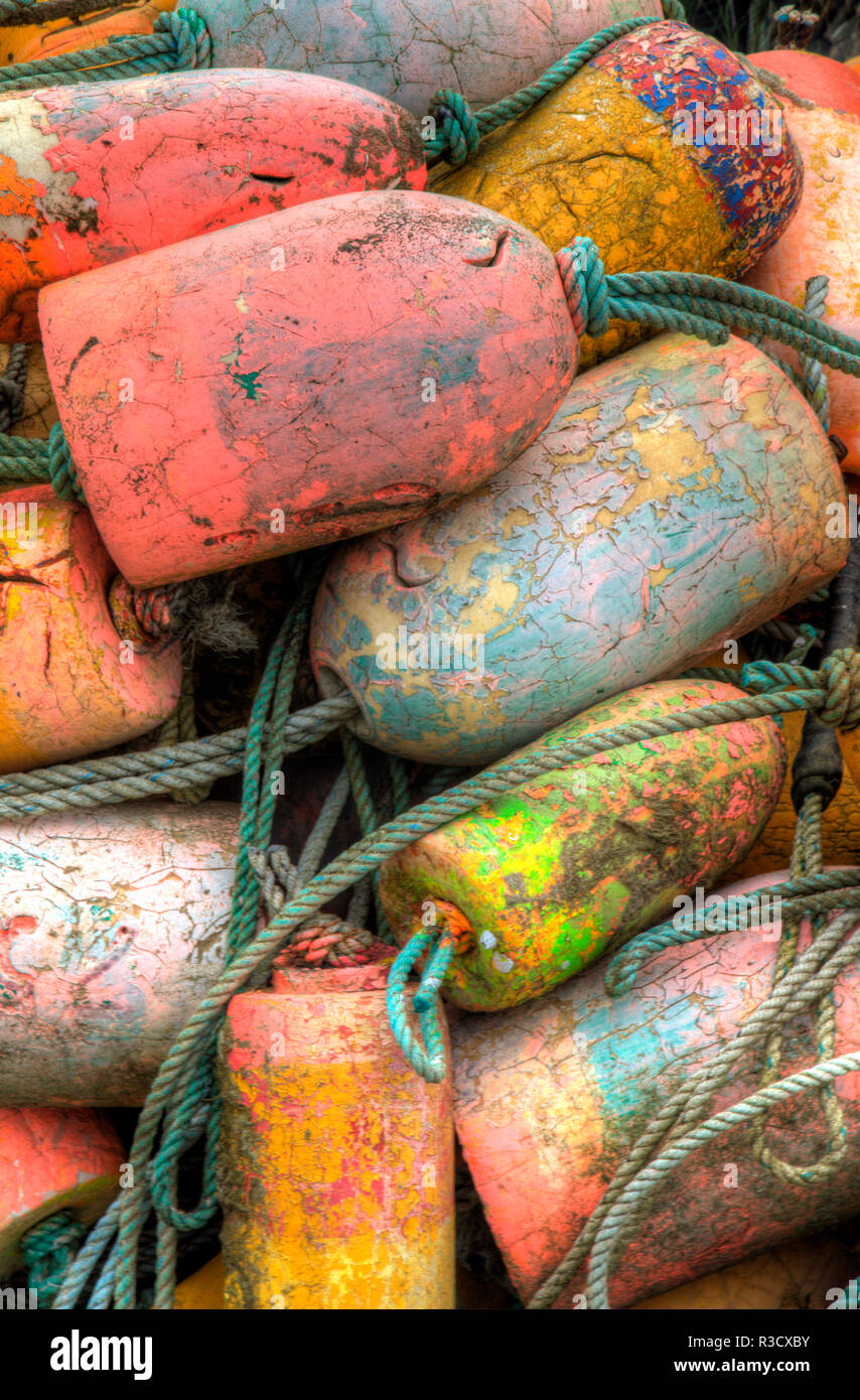 Crab pot floats in orange stored for season Garibaldi Harbor Stock Photo -  Alamy
