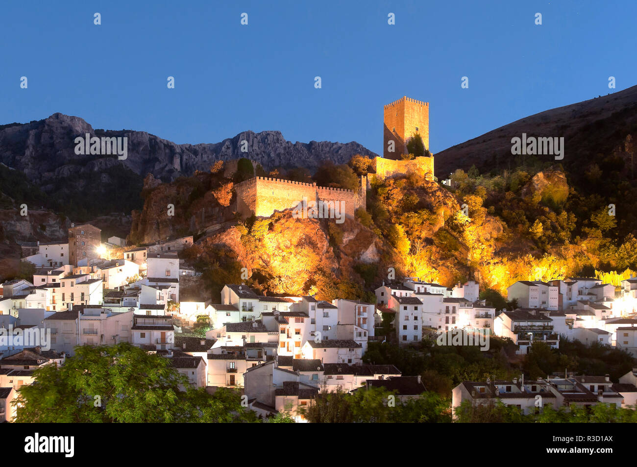 Panoramic view with La Yedra Castle (11th century), at dusk. Cazorla. Jaen province. Region of Andalusia. Spain. Europe Stock Photo