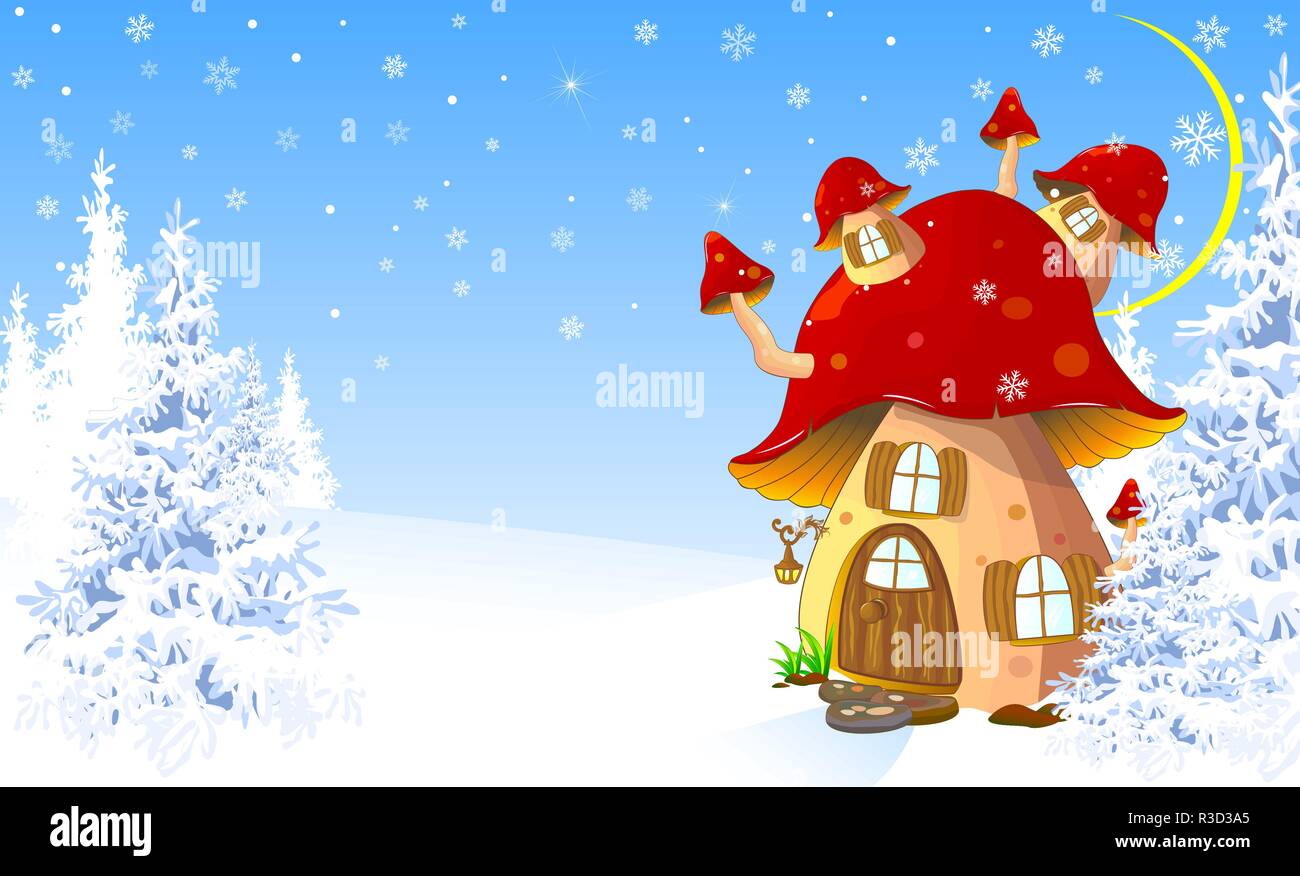 Cartoon mushroom house in the winter snow-covered forest. Stock Vector