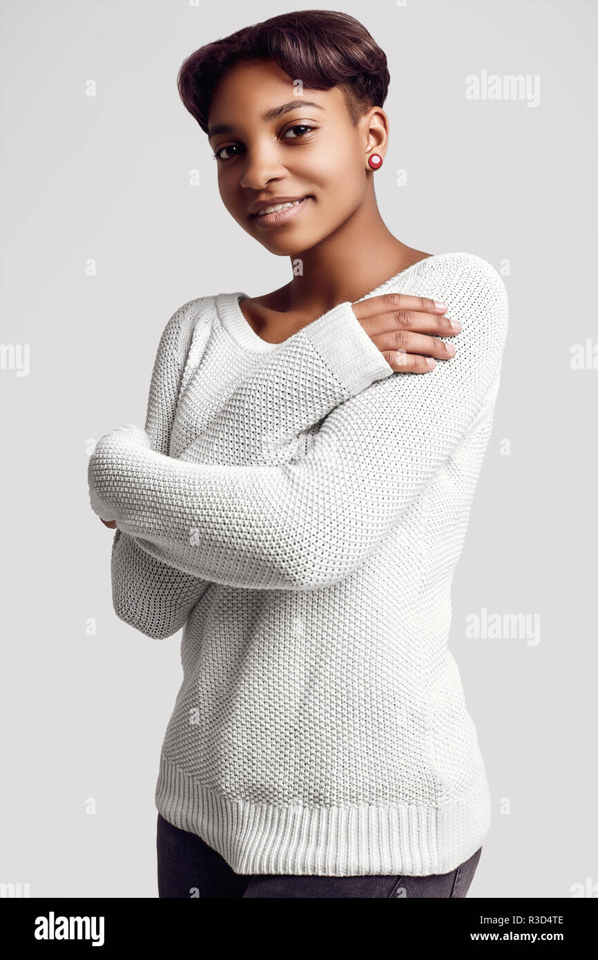 Portrait Of Young Beautiful Hipster Black Girl With Short Hair