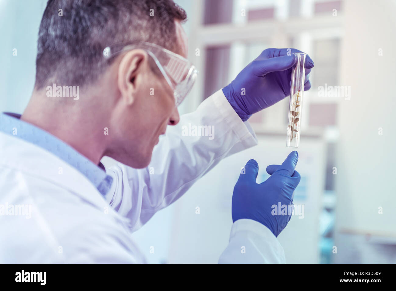 That is great. Cheerful young man being well-equipped while working with reagents Stock Photo