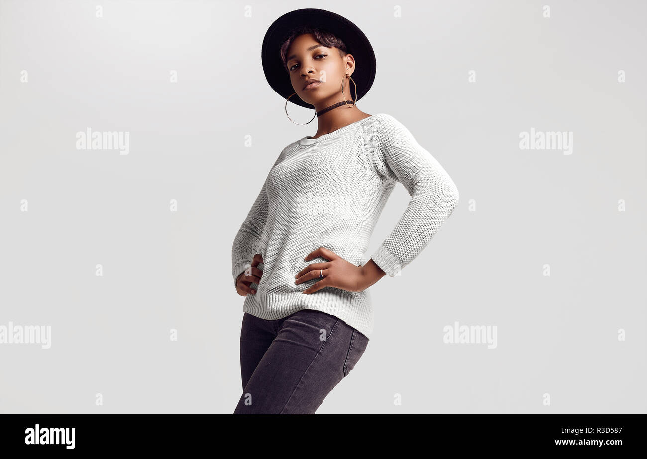 Portrait Of Young Beautiful Hipster Black Girl With Short Hair In