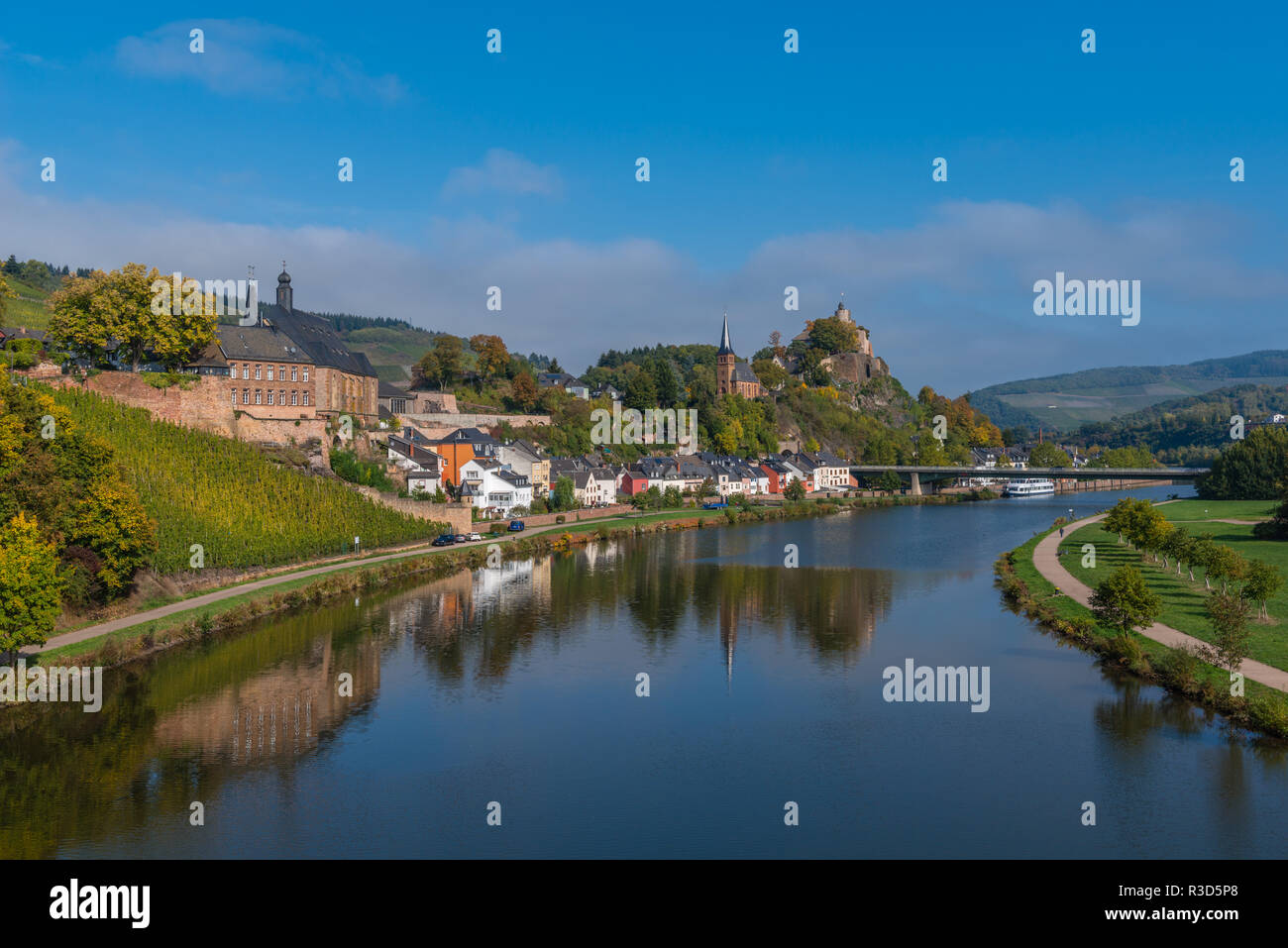 Town of Saarburg on  Saar River, Nature Park Saar-Hunsrück, surrounded by vinyards, mostly Riesling, Rhineland-Palatinate, Germany, Stock Photo