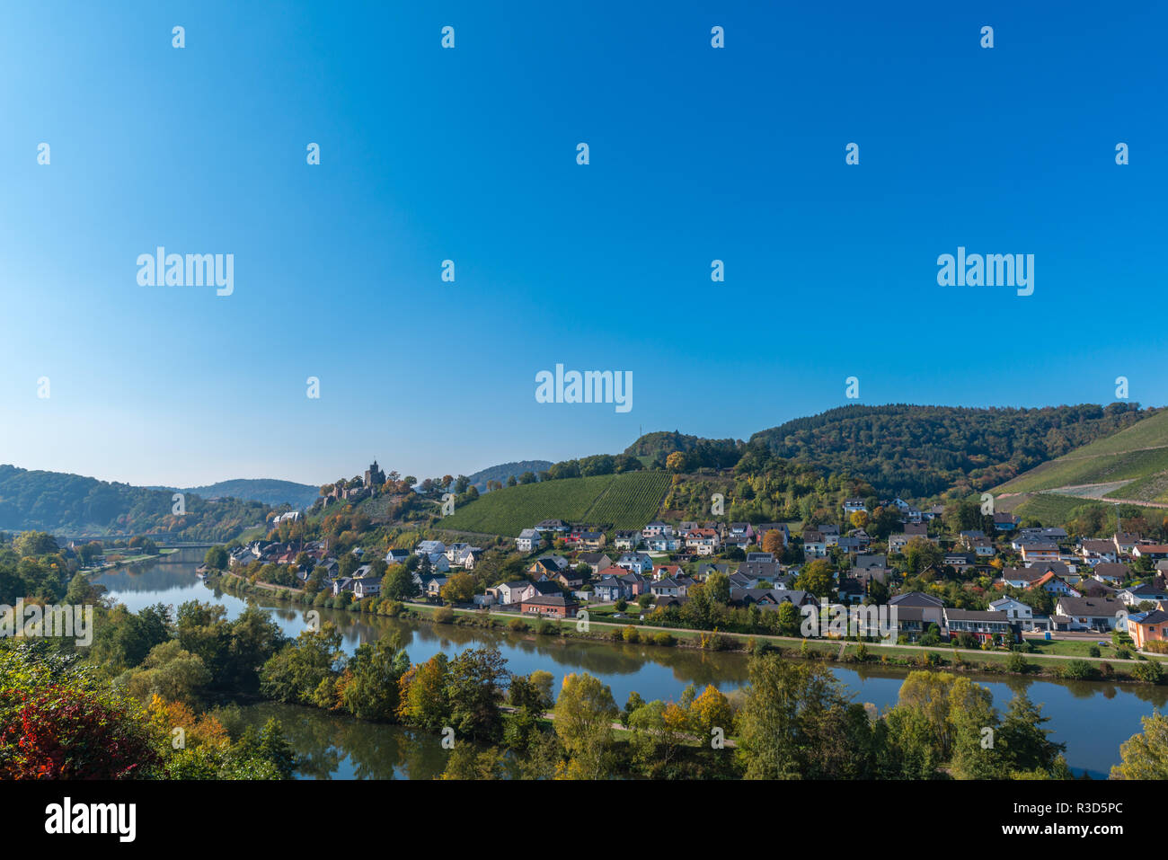 Town of Saarburg on  Saar River, Nature Park Saar-Hunsrück, surrounded by vinyards, mostly Riesling, Rhineland-Palatinate, Germany, Stock Photo