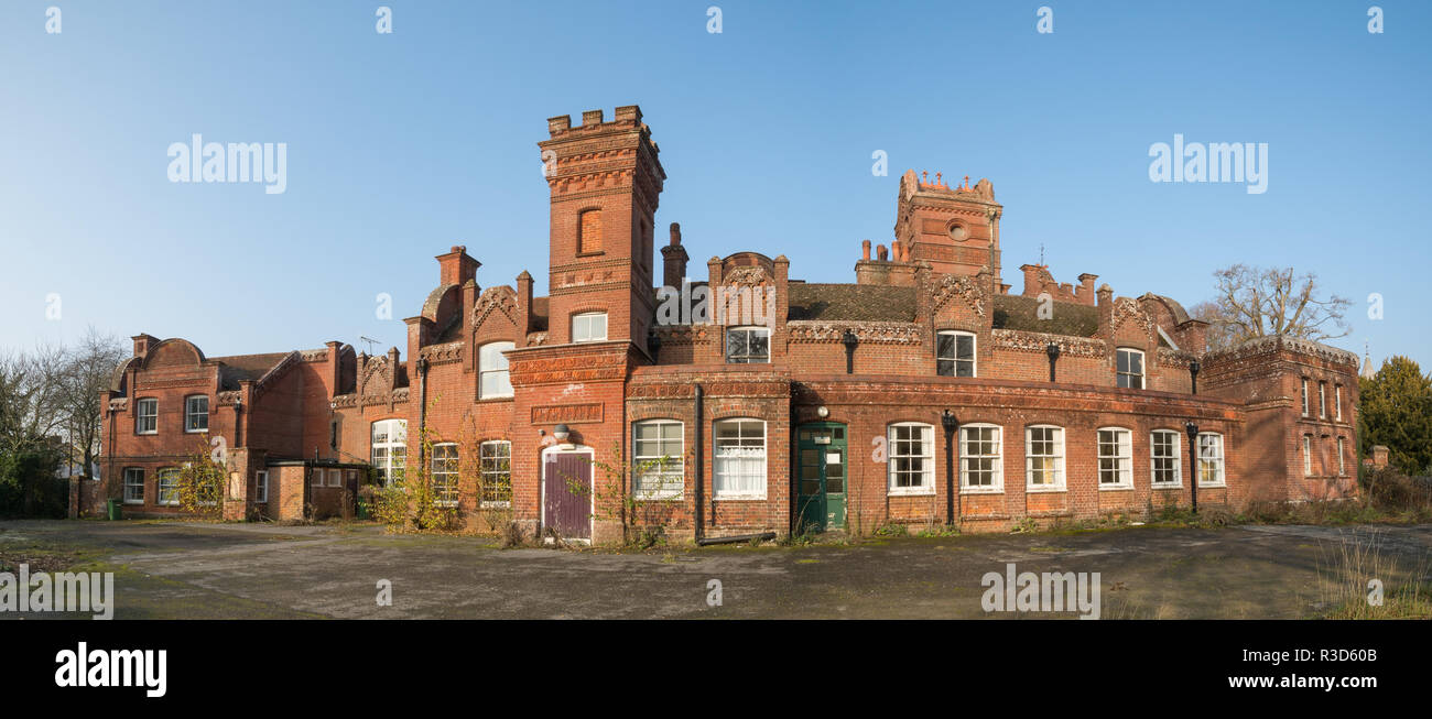 Panoramic of Masseys Folly, an ornate Victorian brick building built by Thomas Hackett Massey, in the village of Upper Farringdon, Hampshire, UK Stock Photo