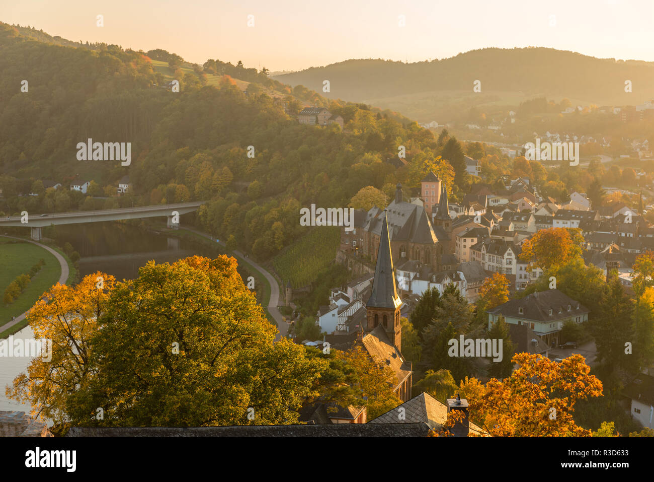 Town of Saarburg on  Saar River, view from castle, Nature Park Saar-Hunsrück, surrounded by vinyards, mostly Riesling, Rhineland-Palatinate, Germany Stock Photo