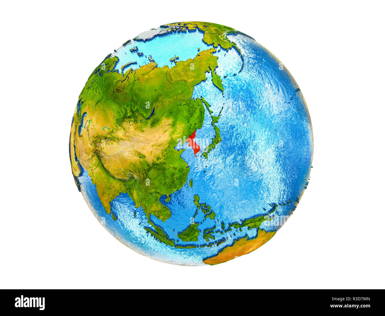 Korea on 3D model of Earth with country borders and water in oceans. 3D ...