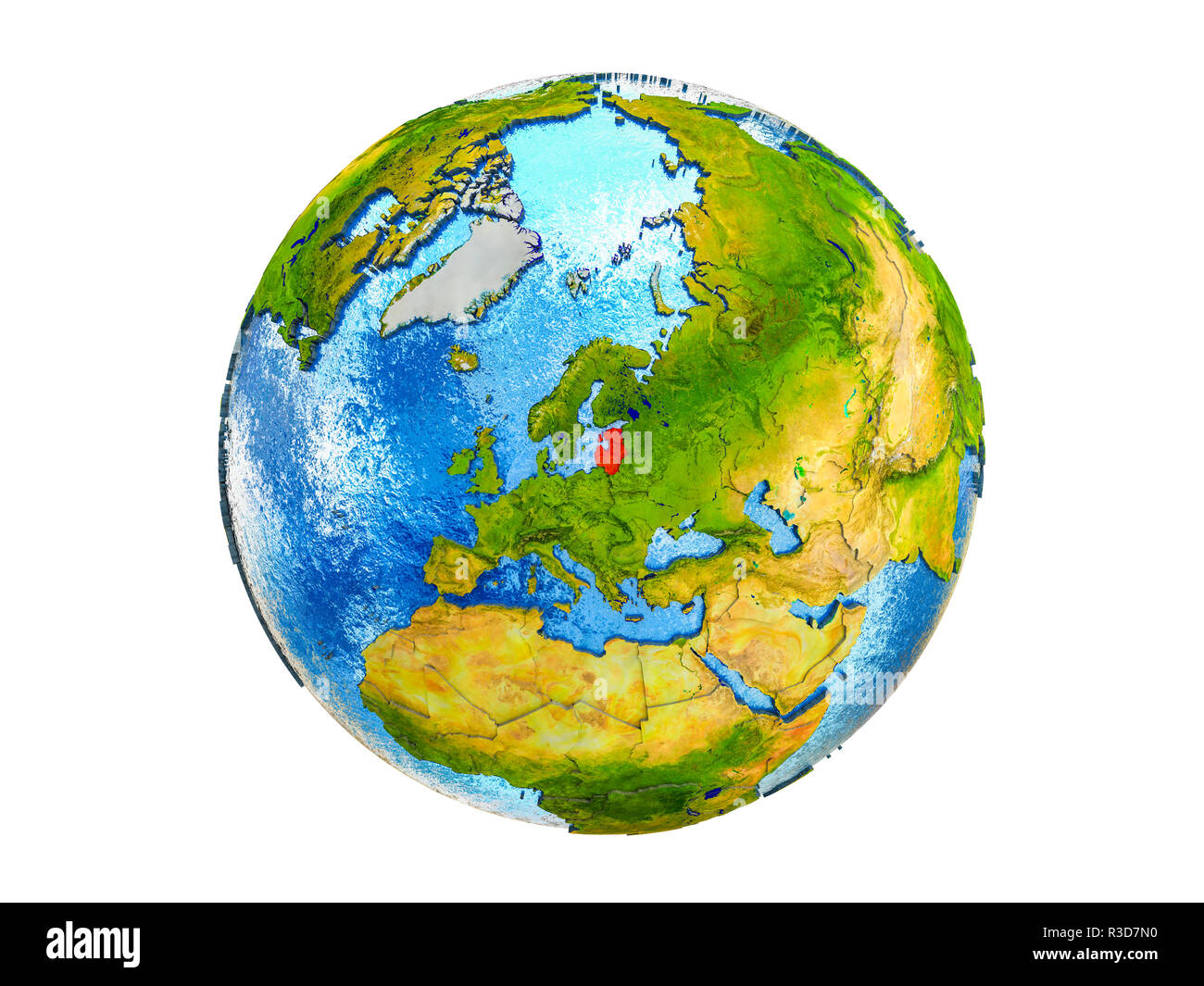 Baltic States on 3D model of Earth with country borders and water in oceans. 3D illustration isolated on white background. Stock Photo