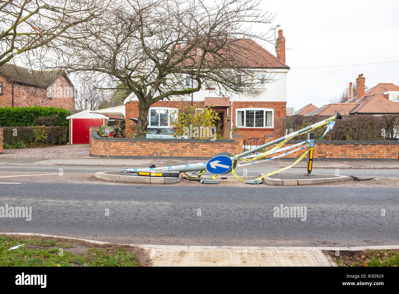 Road accident collision between car and lamppost in Sandbach Cheshire