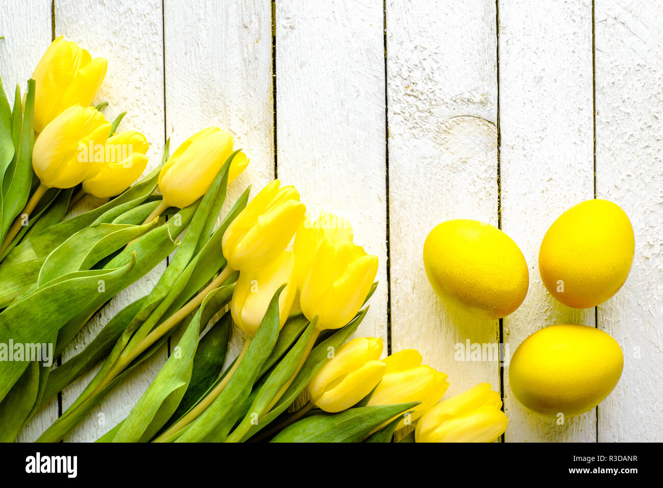 Spring easter eggs, background with tulips and yellow eggs, top view ...